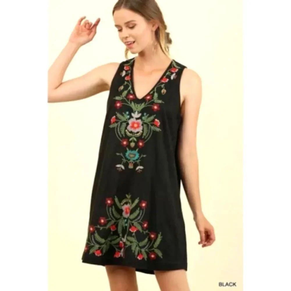 Altar'd State Dark Gray Suede Floral Embroidery Sleeveless Friona Dress